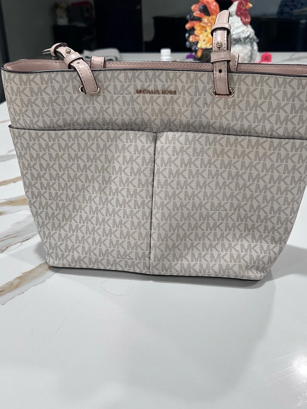 Michael Kors Light Beige Signature MK Pocket Tote with Pink Trim